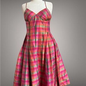 Isaac Mizrahi Hot Pink and Green Plaid Spaghetti-Strap Midi Dress